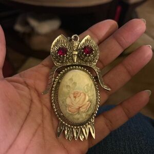 1960s Retro Vtg Silver Owl Pendant with Painted Rose Cameo & Red Rhinestone Eyes